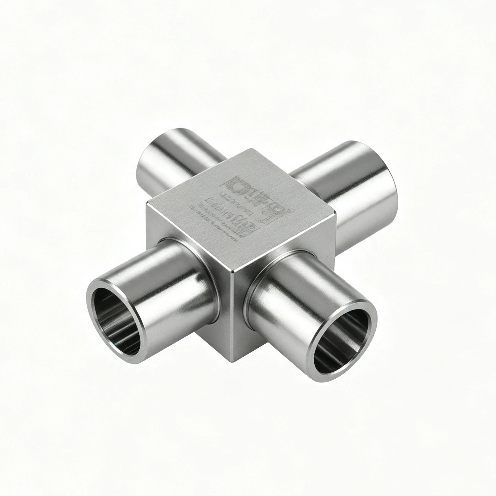 CNC-machined stainless steel four-way coolant manifold cross junction with four smooth-bore tube ports for fluid distribution
