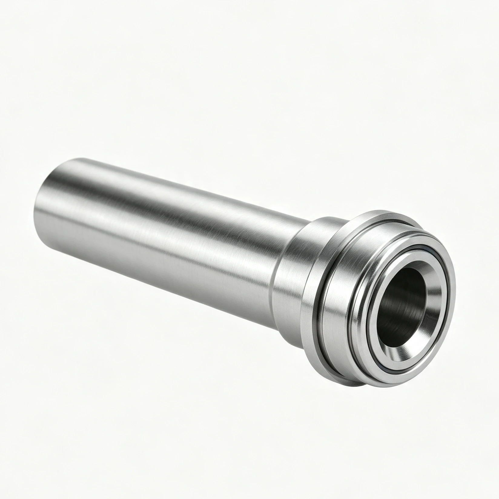 CNC-machined stainless steel liquid-cooling tube adapter with a smooth tube stem, stepped sealing face and black O-ring seal