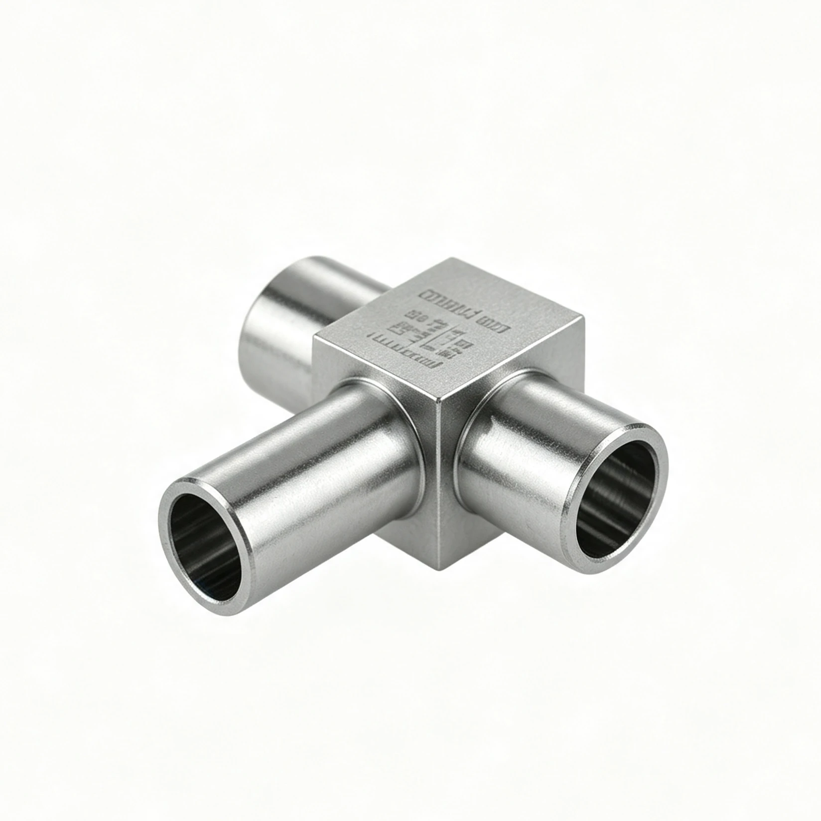 CNC-machined stainless steel three-way coolant manifold junction block with three smooth-bore tube ports for fluid distribution