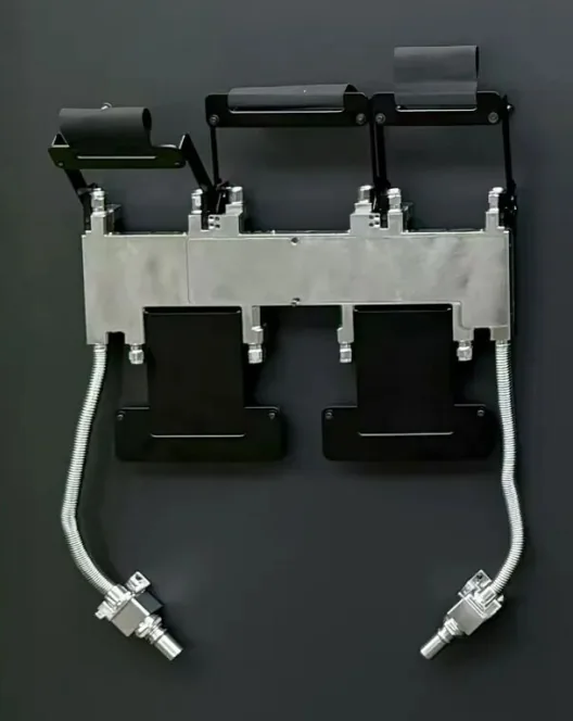 Illustrative GPU liquid cooling tray with metal support frame, black modules, corrugated hoses, and quick service connectors
